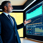 A professional business leader, fully clothed in a modest business suit, stands confidently in a sleek, modern office. They are interacting with a large, glowing holographic dashboard that displays real-time financial charts, budget allocations, and AI-driven future predictions, symbolizing data-driven strategy. The lighting is sophisticated and clean. perfect anatomy, correct proportions, natural pose, well-formed hands, proper finger count, natural body proportions, professional photography, high quality, safe for work, appropriate content, fully clothed, professional dress, family-friendly.