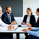Team Meeting - Psychological Safety**

"A diverse team of professionals engaged in a lively discussion around a conference table in a bright, modern office. Everyone is smiling and actively participating. The scene emphasizes open communication and collaboration. fully clothed, appropriate attire, safe for work, perfect anatomy, natural proportions, professional environment, friendly atmosphere."

**