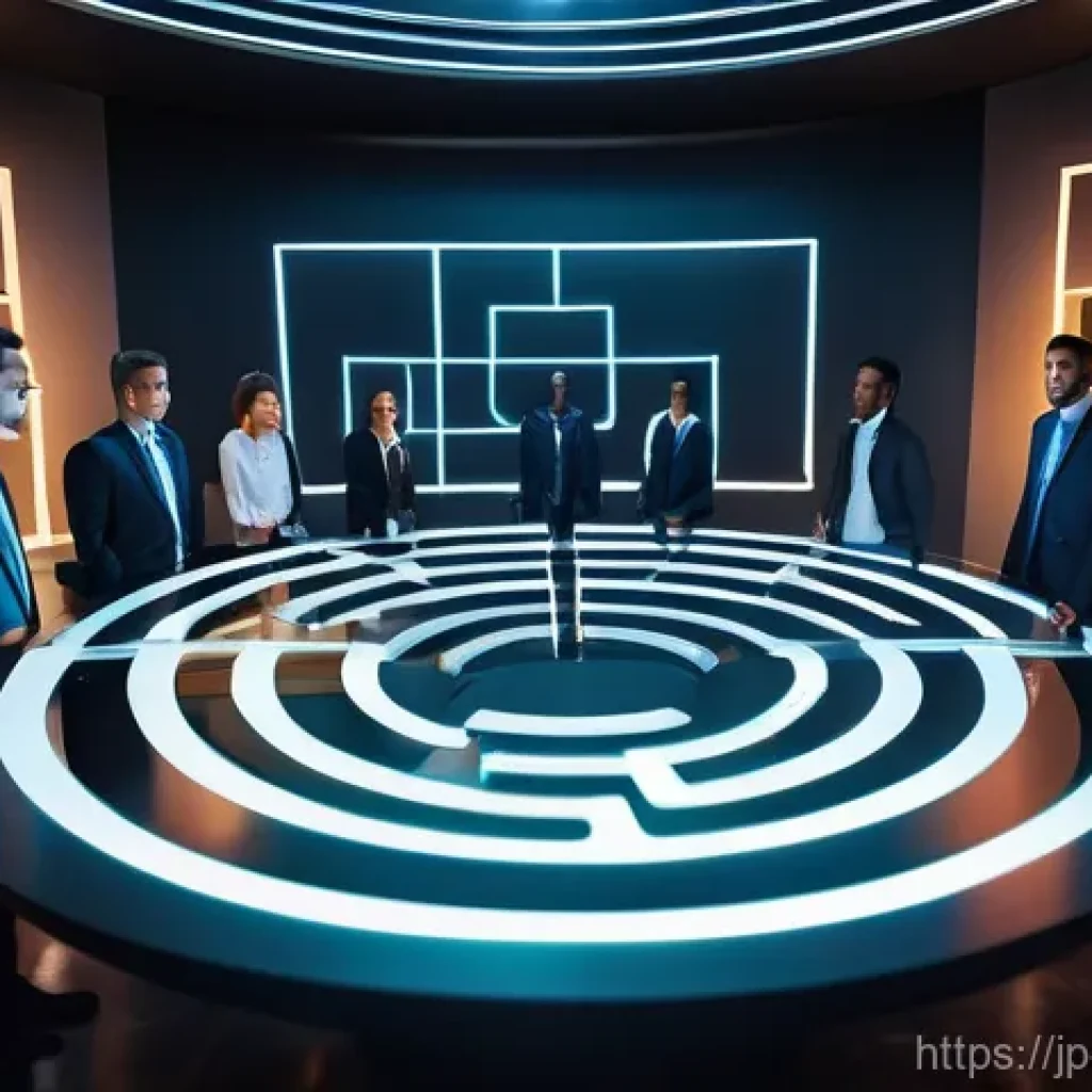 혁신경영컨설팅 주요 실패 요인 분석 - **Image Prompt 1: The Labyrinth of Ambiguous Goals**
A group of professional business people, di...