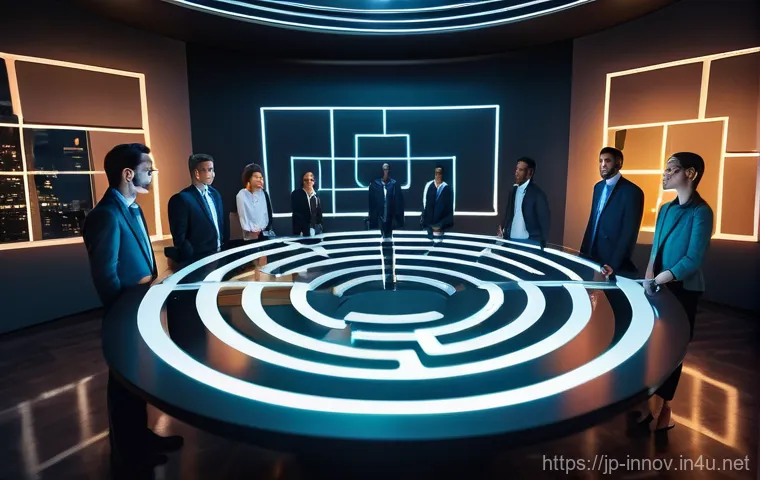 혁신경영컨설팅 주요 실패 요인 분석 - **Image Prompt 1: The Labyrinth of Ambiguous Goals**
    A group of professional business people, di...