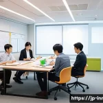 혁신경영컨설팅과 컨텐츠 마케팅 접목 - A modern Japanese office scene with diverse employees engaging in a lively brainstorming session abo...