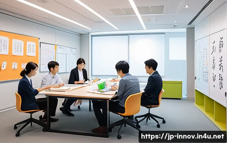 혁신경영컨설팅과 컨텐츠 마케팅 접목 - A modern Japanese office scene with diverse employees engaging in a lively brainstorming session abo...
