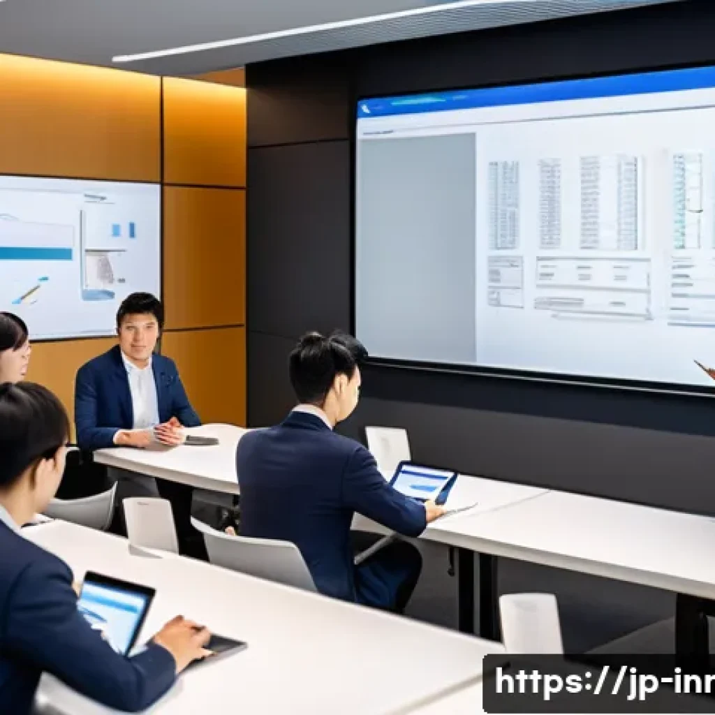 혁신경영 관련 세미나와 학회 정보 - A modern Japanese business seminar scene with a diverse group of professionals attentively listening...
