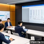 혁신경영 관련 세미나와 학회 정보 - A modern Japanese business seminar scene with a diverse group of professionals attentively listening...