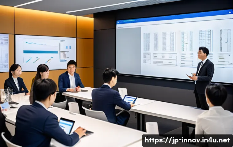 혁신경영 관련 세미나와 학회 정보 - A modern Japanese business seminar scene with a diverse group of professionals attentively listening...