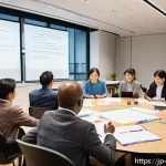 혁신경영 워크숍 기획 및 운영 팁 - A modern innovation workshop scene set in a bright, spacious room with natural sunlight streaming th...