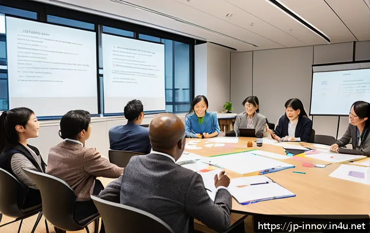 혁신경영 워크숍 기획 및 운영 팁 - A modern innovation workshop scene set in a bright, spacious room with natural sunlight streaming th...