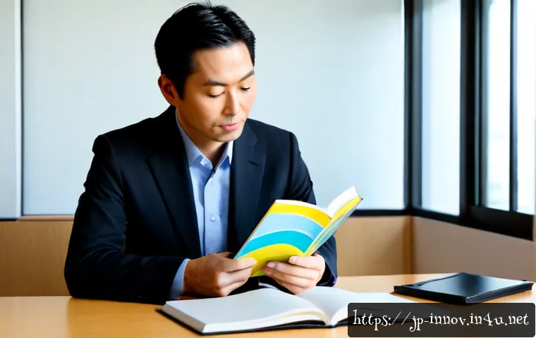 혁신경영 실무를 위한 가이드북 추천 - Photorealistic Japanese business manager in a bright modern office, thoughtfully comparing three unb...